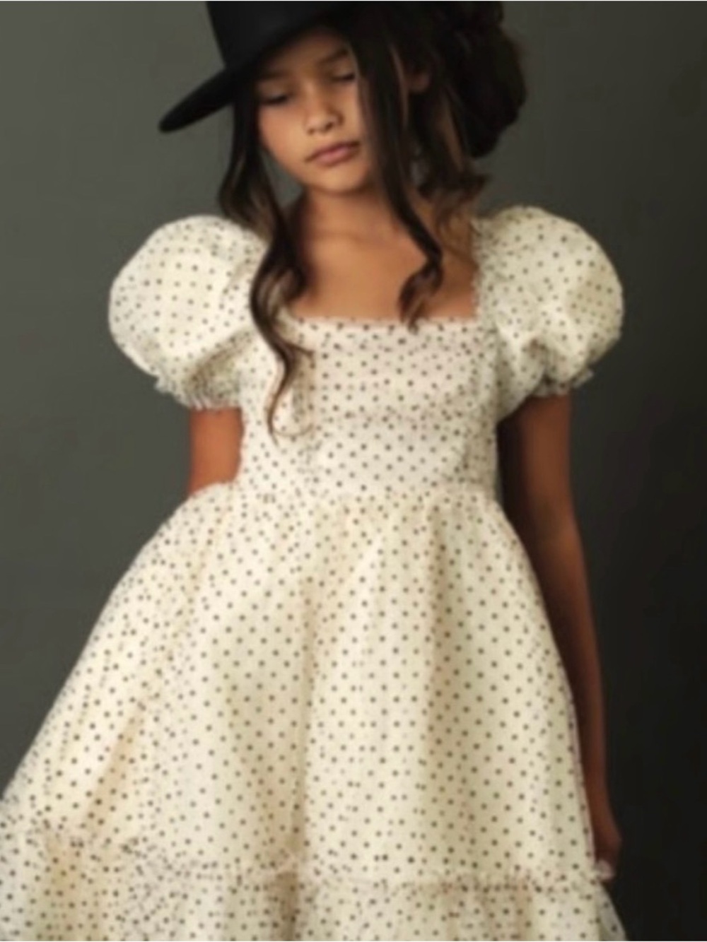 Girls Cream Polka Dot Puff-Sleeve Party Dress